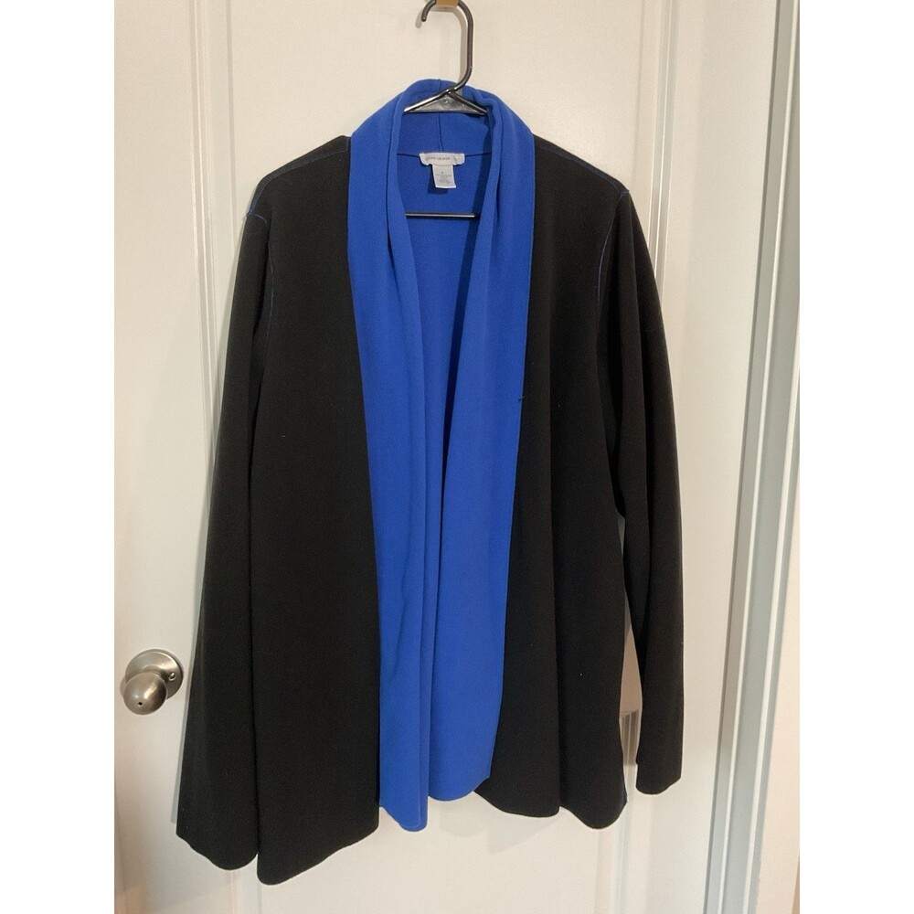 Susan Graver Womens Fleece Open Front Cardigan Black Blue Colorblock Shawl Small